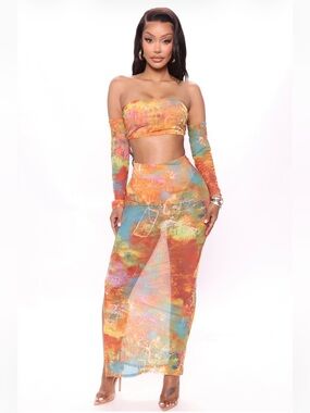 Fashion Nova Orange Multi Tie-Dye Maxi Skirt Set